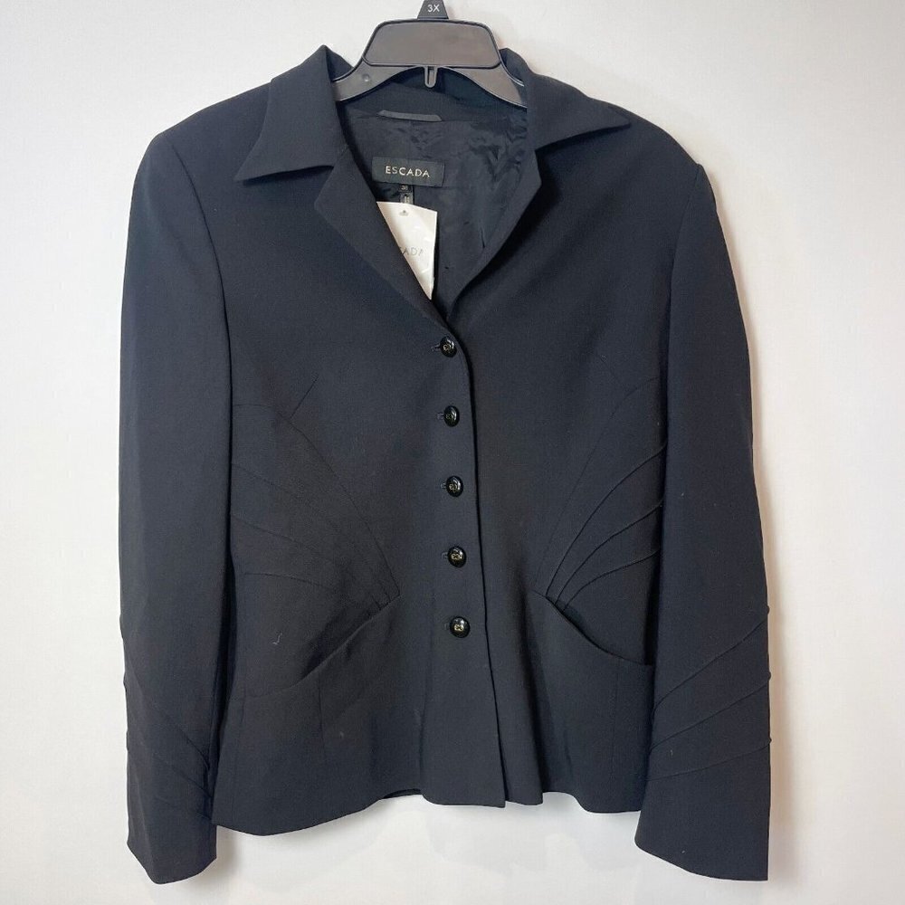 Escada Womens Wool Blend Blazer Jacket Black Size 38 Buttons Pockets Formal New